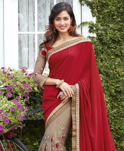 Beige And Maroon Georgette, Net Embroidered Half And Half Sarees