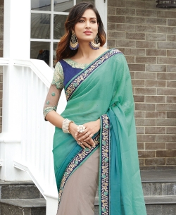 Green And Grey Georgette, Net Embroidered Half And Half Sarees