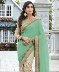 Beige And Green Georgette, Net Embroidered Half And Half Sarees
