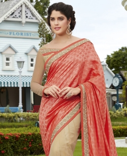 Peach And Beige Georgette, Net Embroidered Half And Half Sarees
