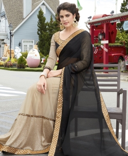 Beige And Black Georgette, Net Embroidered Half And Half Sarees
