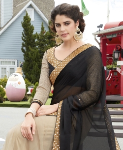 Beige And Black Georgette, Net Embroidered Half And Half Sarees