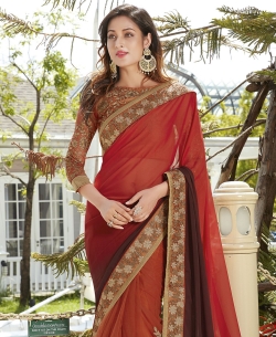 Red And Brown Georgette, Net Embroidered Designer Sarees
