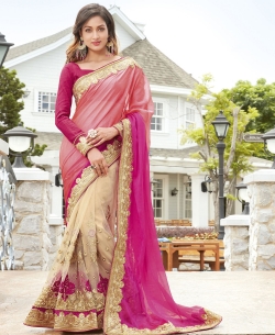 Cream And Pink Georgette, Net Embroidered Half And Half Sarees