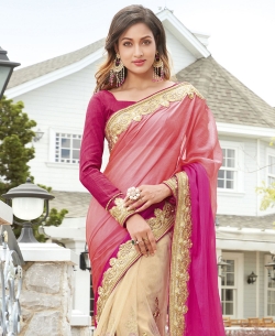 Cream And Pink Georgette, Net Embroidered Half And Half Sarees