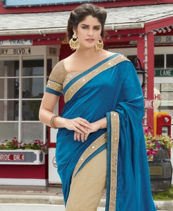 Beige And Blue Georgette, Net Embroidered Half And Half Sarees