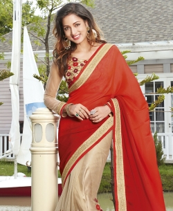 Cream And Red Georgette, Net Embroidered Half And Half Sarees