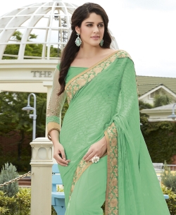 Green Georgette, Net Embroidered Designer Sarees
