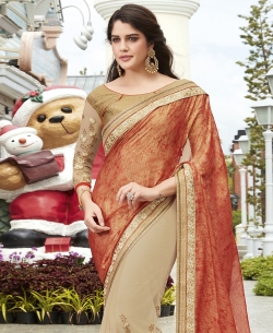 Beige And Rust Georgette, Net Embroidered Half And Half Sarees