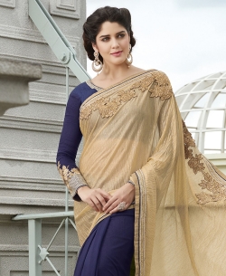 Beige And NavyBlue Georgette, Net Embroidered Half And Half Sarees