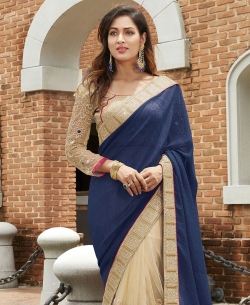 Beige And NavyBlue Georgette, Net Embroidered Half And Half Sarees