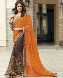 Orange And Brown Georgette, Net Embroidered Half And Half Sarees