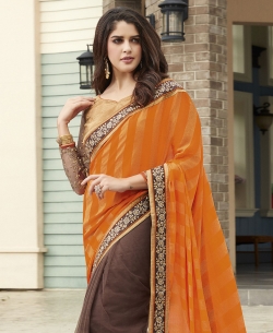 Orange And Brown Georgette, Net Embroidered Half And Half Sarees