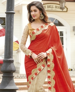 Beige And Red Georgette, Net Embroidered Half And Half Sarees