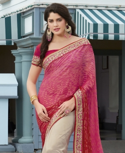 Beige And Pink Georgette, Net Embroidered Half And Half Sarees