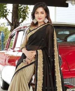 Beige And Black Georgette, Net Embroidered Half And Half Sarees