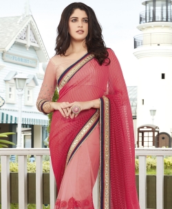 Pink Georgette, Net Embroidered Half And Half Sarees