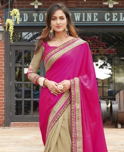 Beige And Pink Georgette, Net Embroidered Half And Half Sarees