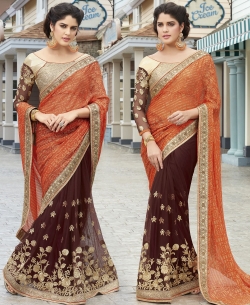 Orange And Brown Georgette, Net Embroidered Half And Half Sarees