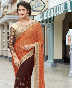 Orange And Brown Georgette, Net Embroidered Half And Half Sarees