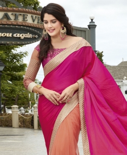 Pink And Peach Georgette, Net Embroidered Half And Half Sarees