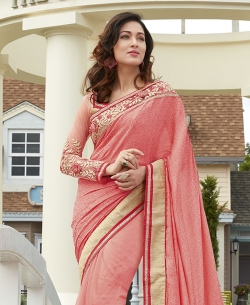 Pink Georgette, Net Embroidered Designer Sarees
