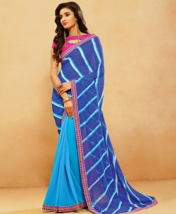 Blue And SkyBlue Georgette, Silk Bandhani, Bandhej Half And Half Sarees