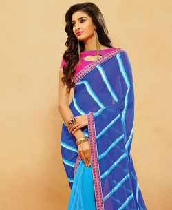 Blue And SkyBlue Georgette, Silk Bandhani, Bandhej Half And Half Sarees