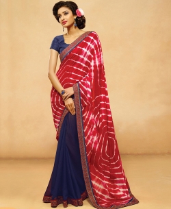 Navy Blue And Maroon Georgette, Silk Bandhani, Bandhej Half And Half Sarees