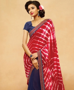 Navy Blue And Maroon Georgette, Silk Bandhani, Bandhej Half And Half Sarees