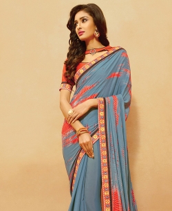 Blue And Rust Satin, Georgette Blend Bandhani, Bandhej Regular Sarees