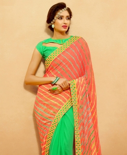 Green And Orange Chiffon, Georgette Bandhani, Bandhej Half And Half Sarees