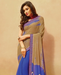 Burly Wood And Blue Chiffon, Georgette Bandhani, Bandhej Half And Half Sarees