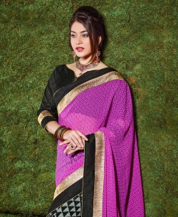 Pink And Black Georgette Printed Half And Half Sarees