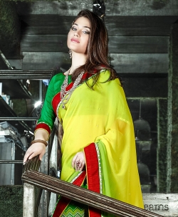 Yellow And Green Georgette Printed Half And Half Sarees