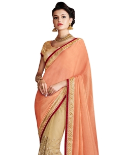 Dark Orange And Beige Chinon, Net Embroidered Half And Half Sarees