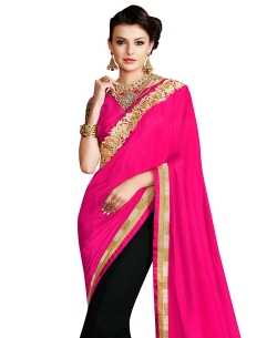 Fuchsia And Black Georgette Embroidered Half And Half Sarees