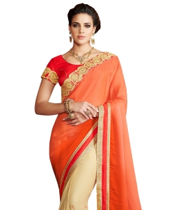 Orange And Beige Georgette Embroidered Half And Half Sarees