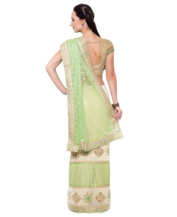 Light Green And Cream Georgette, Lycra Mirror Work Half And Half Sarees