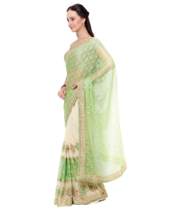 Light Green And Cream Georgette, Lycra Mirror Work Half And Half Sarees