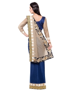 Blue And ArmyBrown Lycra Lace Style Half And Half Sarees
