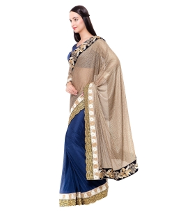 Blue And ArmyBrown Lycra Lace Style Half And Half Sarees