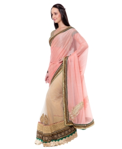 Peach And Beige Lycra, Net Stones Half And Half Sarees