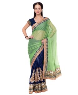 Light Green And NavyBlue Lycra Patch Work Half And Half Sarees