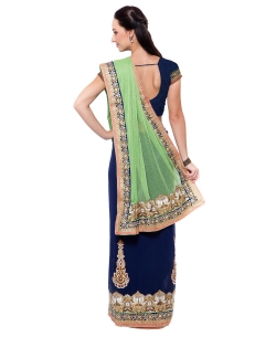 Light Green And NavyBlue Lycra Patch Work Half And Half Sarees