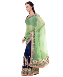 Light Green And NavyBlue Lycra Patch Work Half And Half Sarees