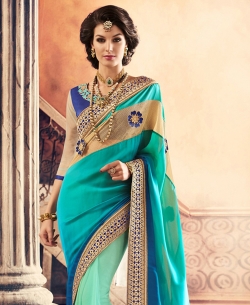 Blue And Turquoise Satin, Georgette Embroidered Half And Half Sarees