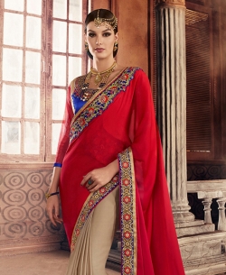 Red And Beige Georgette Embroidered Half And Half Sarees