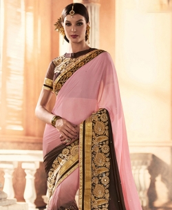 Pink And Brown Georgette, Net Stones, Crystals Designer Sarees