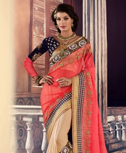 Peach And Beige Georgette Cut Work Half And Half Sarees
